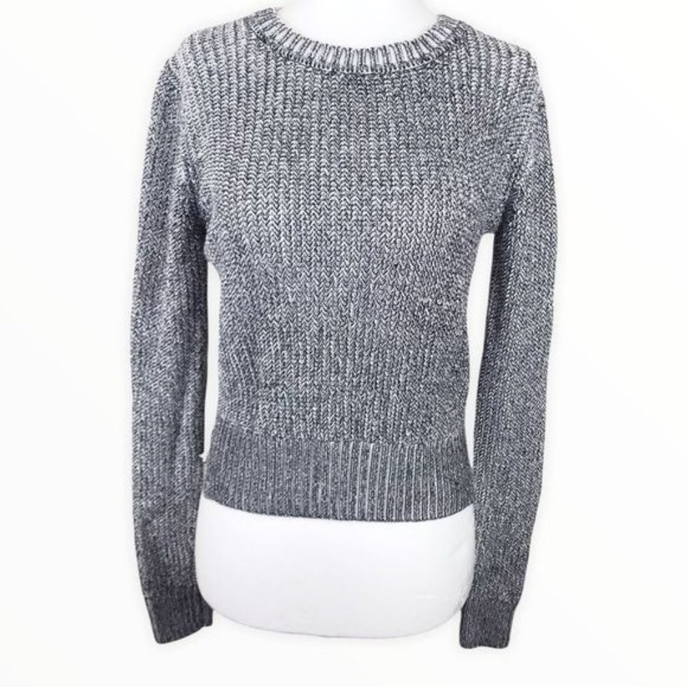 Maje Black and White Crop Crew Neck Cotton Knit Sweater